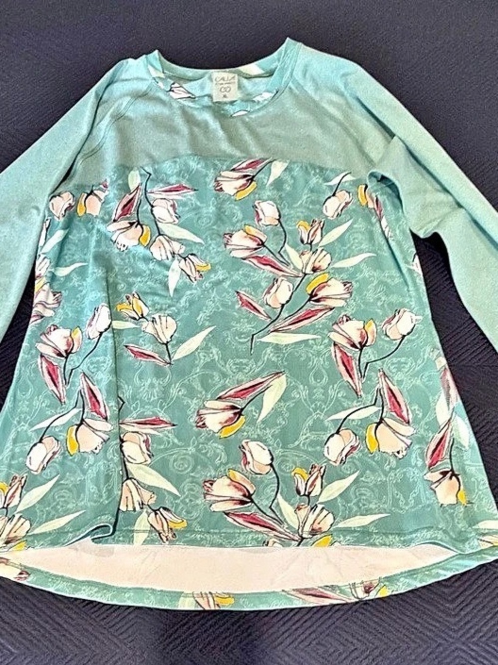 CALA Floral Long Sleeve Top in Green & Pink Size XL